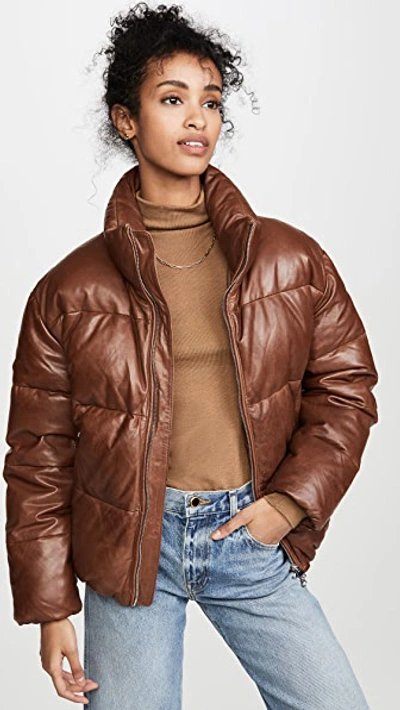 Shop One By Lamarque One By Iris Leather Puffer In Dark Cognac