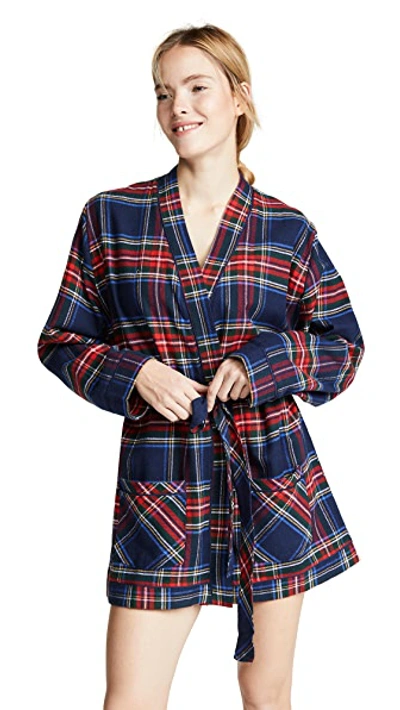 Shop Plush Ultra Soft Flannel Robe In Navy/red Plaid