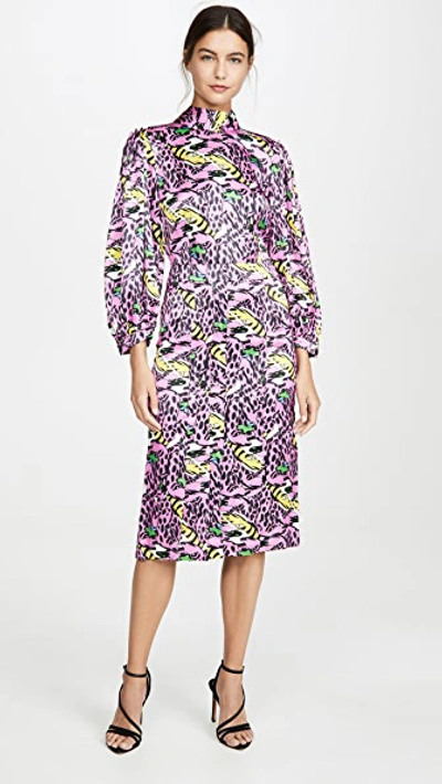 Shop Marni Long Sleeve Printed Dress In Pink Clematis