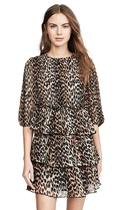 Shop Ganni Pleated Georgette Dress In Leopard