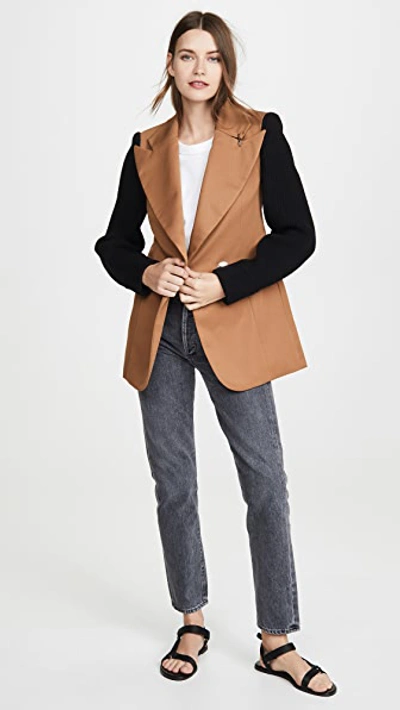 Shop Tibi Long Peaked Lapel Blazer In Camel/black Multi