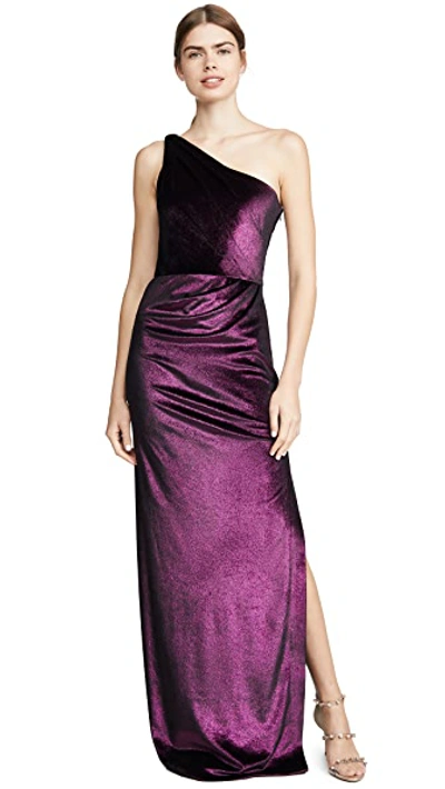 Shop Marchesa Notte One Shoulder Draped Gown In Fuchsia