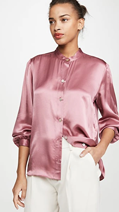 Vince Shirred Band-collar Silk Satin Blouse In Rose Root | ModeSens