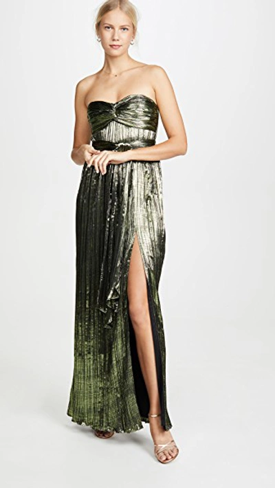 Shop Jonathan Simkhai Metal Plissé Strapless Gown In Lime