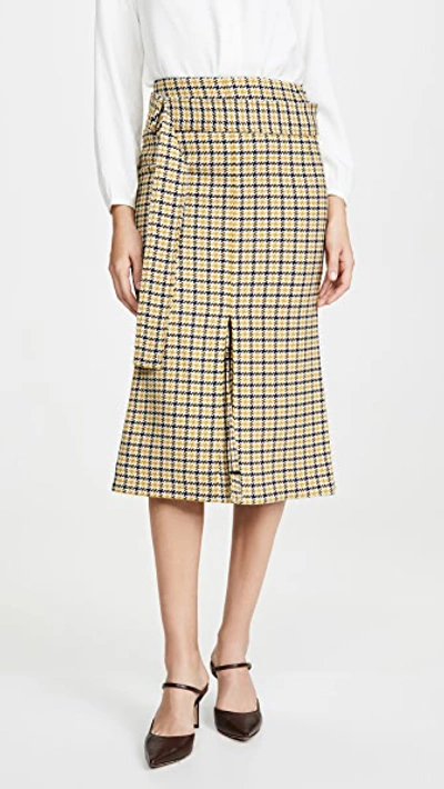 Shop Victoria Beckham Belted Fitted Box Pleat Midi Skirt In Mustard/black