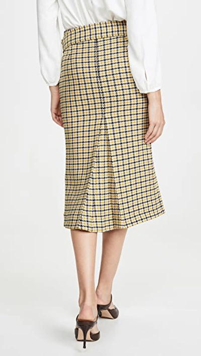 Shop Victoria Beckham Belted Fitted Box Pleat Midi Skirt In Mustard/black