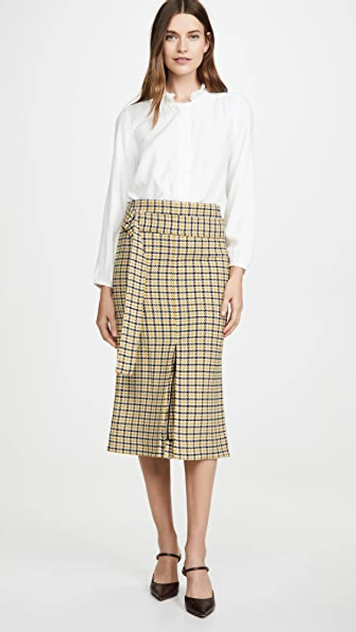 Shop Victoria Beckham Belted Fitted Box Pleat Midi Skirt In Mustard/black