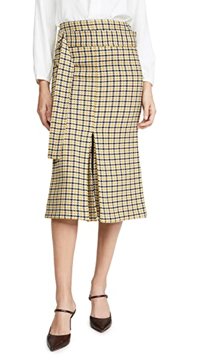 Shop Victoria Beckham Belted Fitted Box Pleat Midi Skirt In Mustard/black