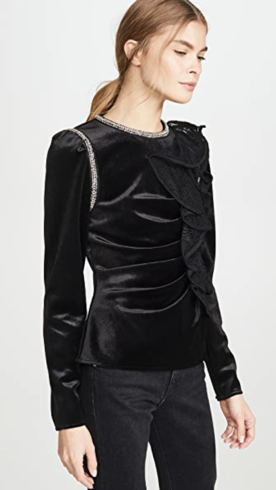 Shop Self-portrait Velvet Ruffle Top In Black