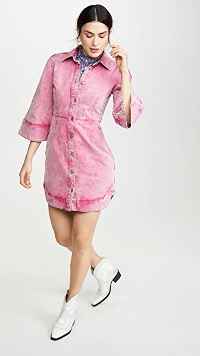 Shop Ganni Washed Denim Dress In Fuchsia Red