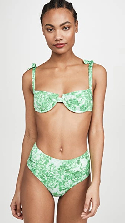 Shop Ganni Printed Bikini Top In Patina Green