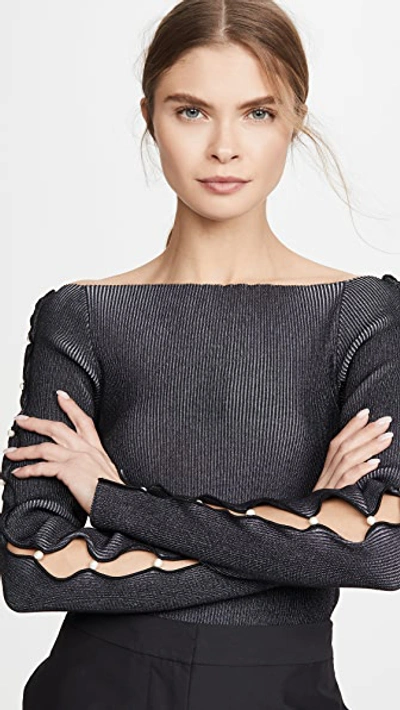 Shop Adeam Off Shoulder Pearl Sweater In Black