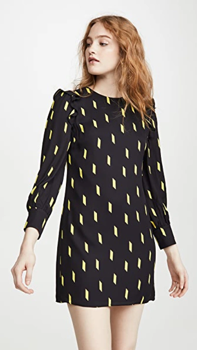 Shop Alice And Olivia Beatrix Puff Sleeve Shift Dress In Ribbon Tape Black/neon Yellow