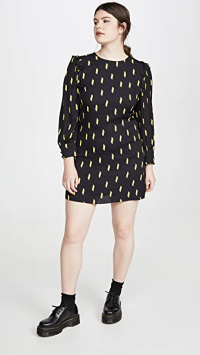 Shop Alice And Olivia Beatrix Puff Sleeve Shift Dress In Ribbon Tape Black/neon Yellow