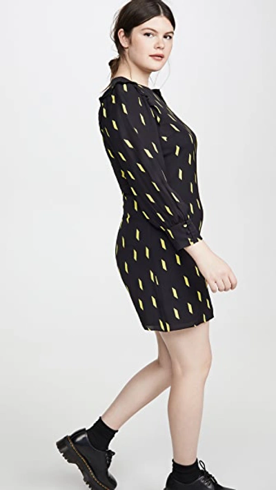 Shop Alice And Olivia Beatrix Puff Sleeve Shift Dress In Ribbon Tape Black/neon Yellow