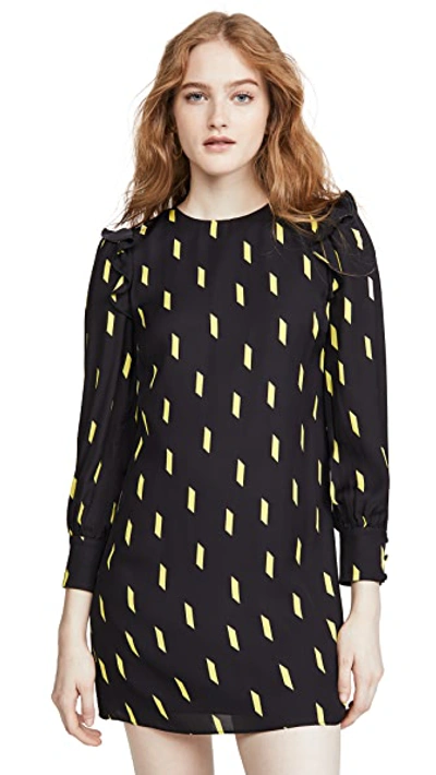 Shop Alice And Olivia Beatrix Puff Sleeve Shift Dress In Ribbon Tape Black/neon Yellow