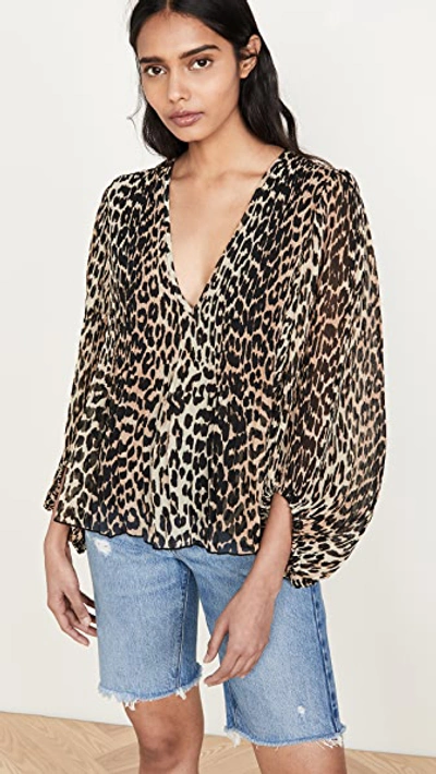 Shop Ganni Pleated Georgette Top In Leopard