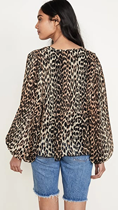 Shop Ganni Pleated Georgette Top In Leopard