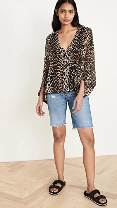 Shop Ganni Pleated Georgette Top In Leopard