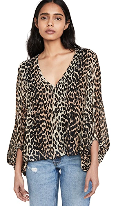 Shop Ganni Pleated Georgette Top In Leopard