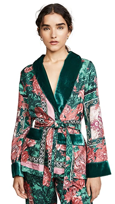 Shop F.r.s For Restless Sleepers Short Robe With Velvet Trim In Pavone Verde/rosa