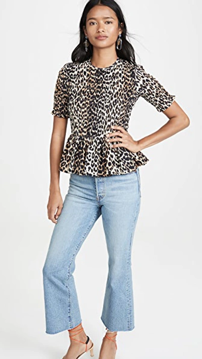 Shop Ganni Cotton Silk Top In Leopard