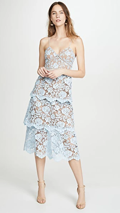 Shop Self-portrait Flower Lace Midi Tiered Dress In Light Blue