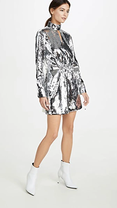 Shop Tibi Split Neck Short Dress In Ivory/silver Multi