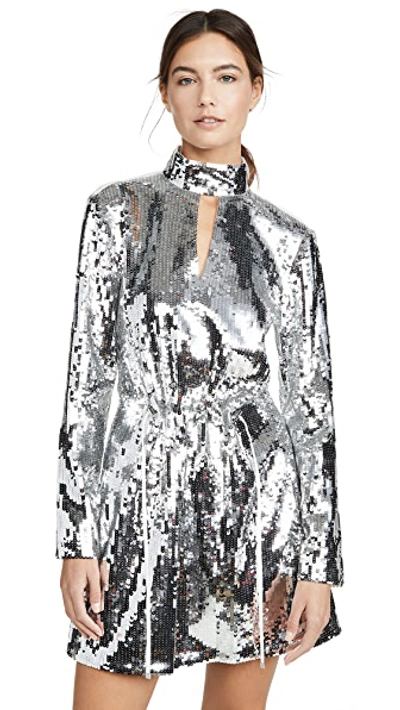 Shop Tibi Split Neck Short Dress In Ivory/silver Multi