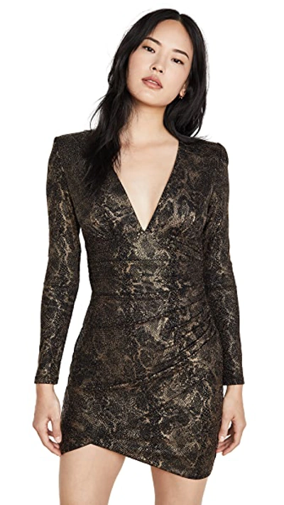 Shop Alice And Olivia Diaz Plunging V Neck Draped Dress In Black/gold