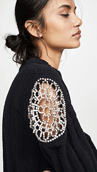 Shop Area Ribbed Knit Chenille Cropped Sweater With Crystal Doily Inserts In Black