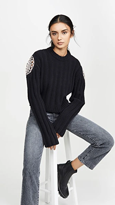 Shop Area Ribbed Knit Chenille Cropped Sweater With Crystal Doily Inserts In Black