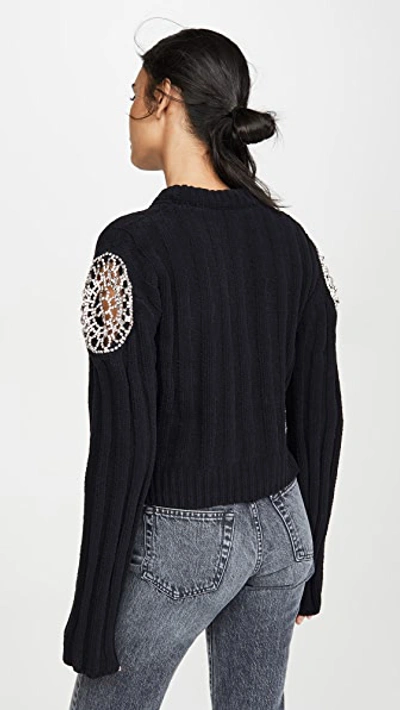 Shop Area Ribbed Knit Chenille Cropped Sweater With Crystal Doily Inserts In Black