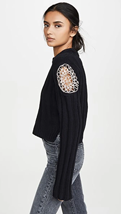 Shop Area Ribbed Knit Chenille Cropped Sweater With Crystal Doily Inserts In Black