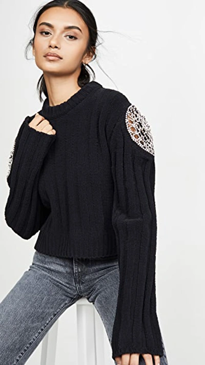 Shop Area Ribbed Knit Chenille Cropped Sweater With Crystal Doily Inserts In Black