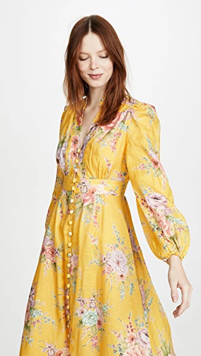 Shop Zimmermann Zinnia Button Front Long Dress In Golden Floral