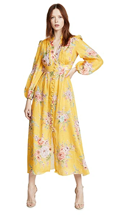 Shop Zimmermann Zinnia Button Front Long Dress In Golden Floral
