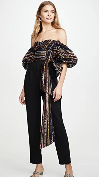 Shop Self-portrait Stripe Sequin Jumpsuit In Multi/black