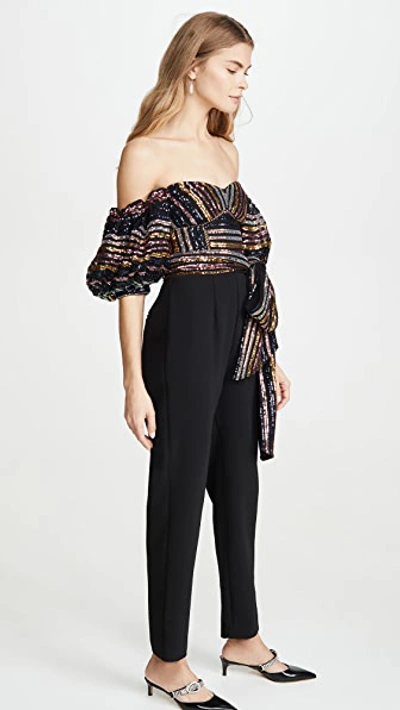 Shop Self-portrait Stripe Sequin Jumpsuit In Multi/black