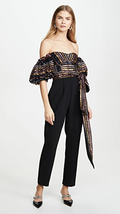 Shop Self-portrait Stripe Sequin Jumpsuit In Multi/black