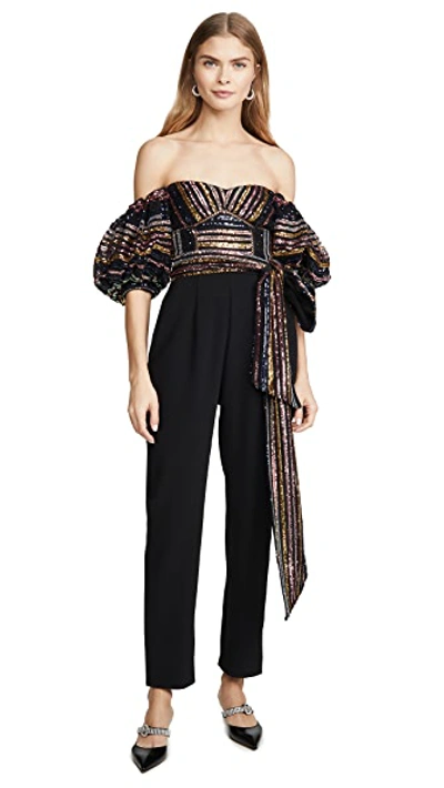 Shop Self-portrait Stripe Sequin Jumpsuit In Multi/black