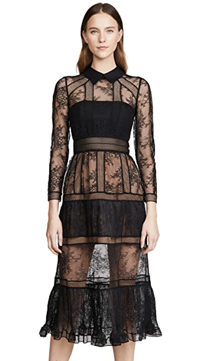Shop Self-portrait Fine Lace Trim Midi Dress In Black
