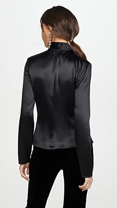 Shop Brandon Maxwell Draped Neck Satin Blouse W Sleeves In Black