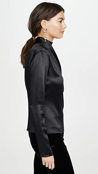 Shop Brandon Maxwell Draped Neck Satin Blouse W Sleeves In Black