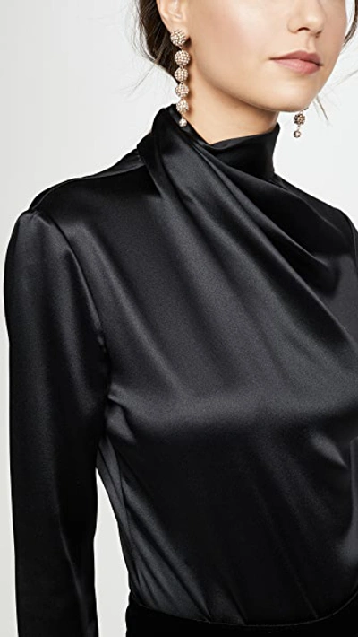 Shop Brandon Maxwell Draped Neck Satin Blouse W Sleeves In Black