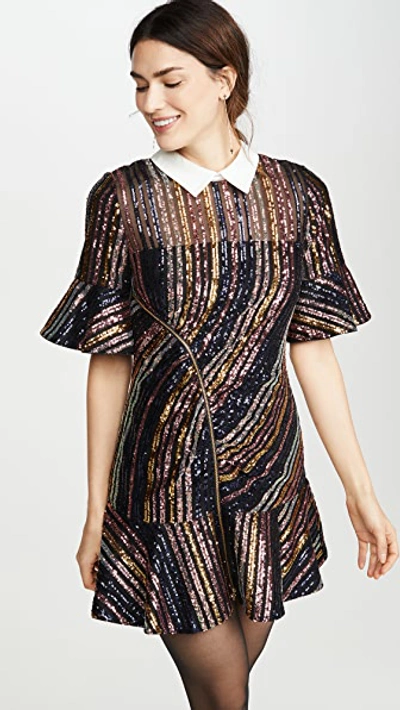 Shop Self-portrait Sequin Stripe Collared Mini Dress In Multi