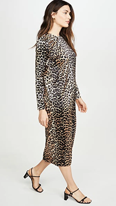 Shop Ganni Silk Stretch Satin Dress In Leopard