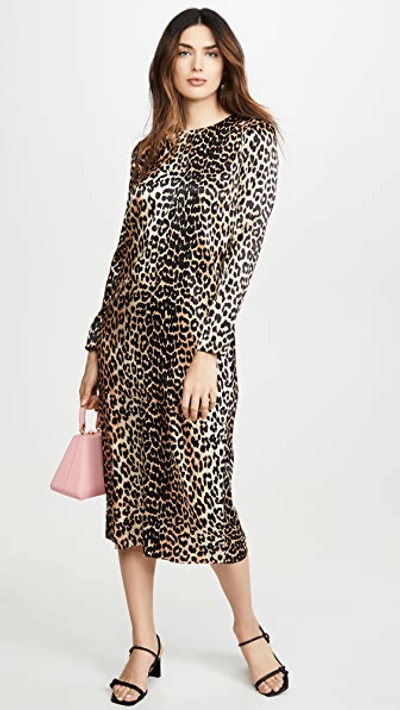 Ganni Leopard Print Stretch Silk Long Sleeve Midi Dress | ModeSens