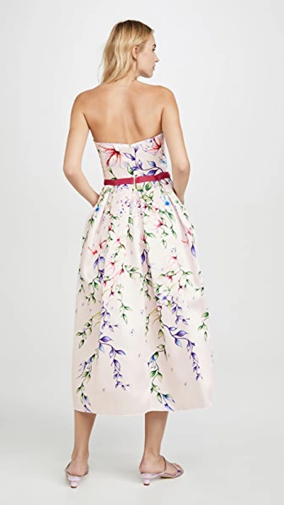 Shop Marchesa Notte Strapless Printed Mikado Corseted Gown In Blush