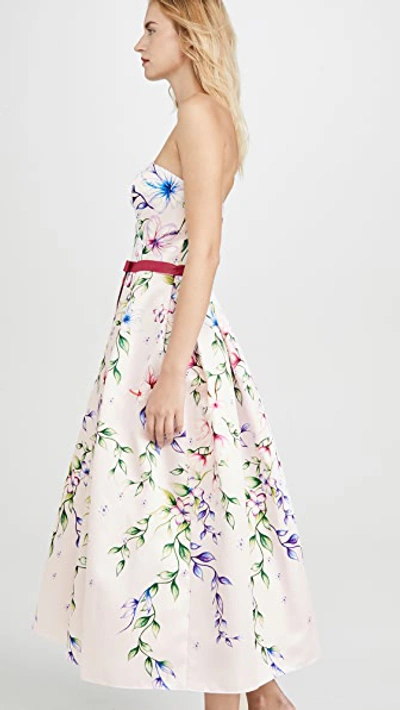 Shop Marchesa Notte Strapless Printed Mikado Corseted Gown In Blush